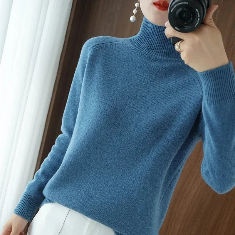 Free / Blue 2024 new arrival fashion lady mock collar long sleeve slim fit free size plain cashmere sweater