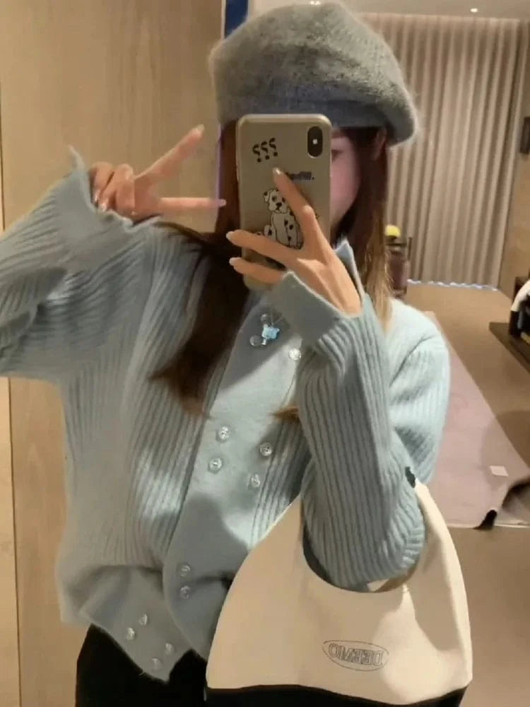 Free / Blue 2024 Spring  lady fashionable new arrival crew neck long sleeve coat gentle style sweater cardigan