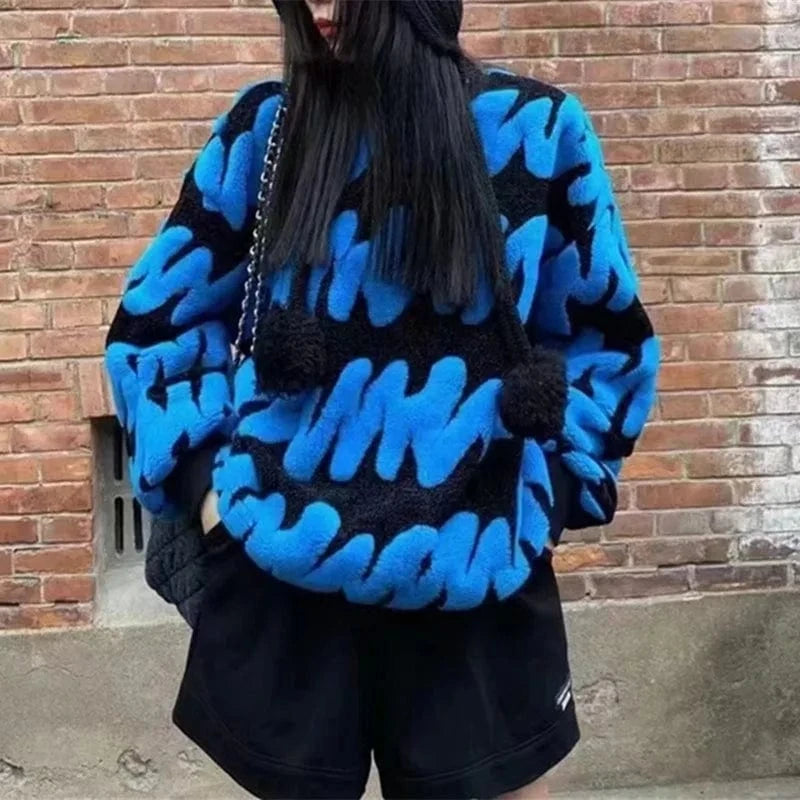 Free / Blue 2024 Spring Long Sleeve O-neck Women Casual Sweater Top Fashion Color Collision Girl Streetwear Top