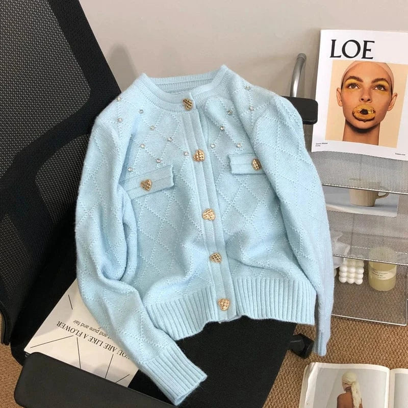 Free / Blue 2024 Spring woman new arrival crew neck long sleeve elegant cardigan beading sweater coat