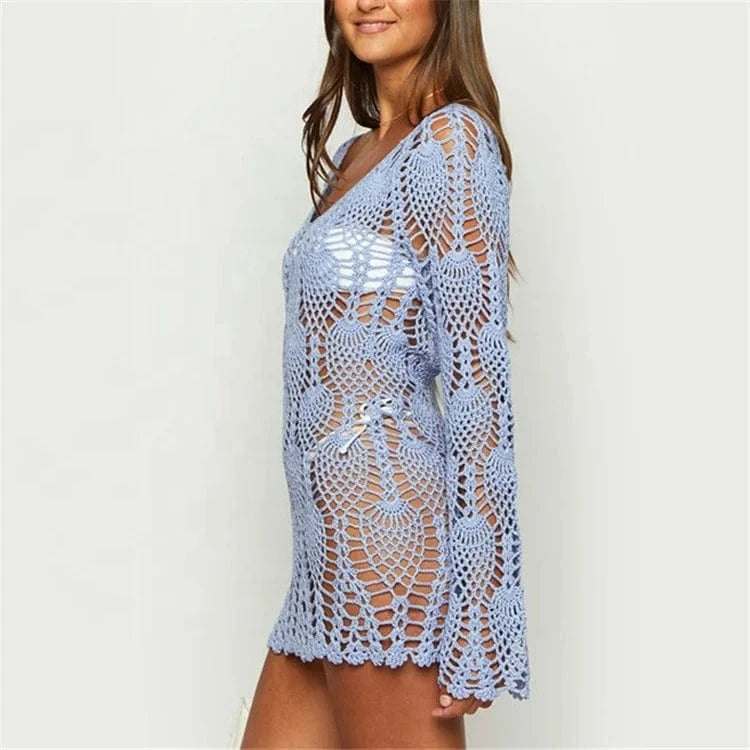 Free / Blue Fashion Summer Sexy Crochet Beach Dress Women See Through Swimwear Swimsuit Cover Up Mini Dresses