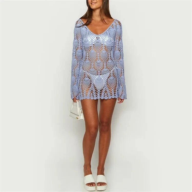 Free / Blue Fashion Summer Sexy Crochet Beach Dress Women See Through Swimwear Swimsuit Cover Up Mini Dresses