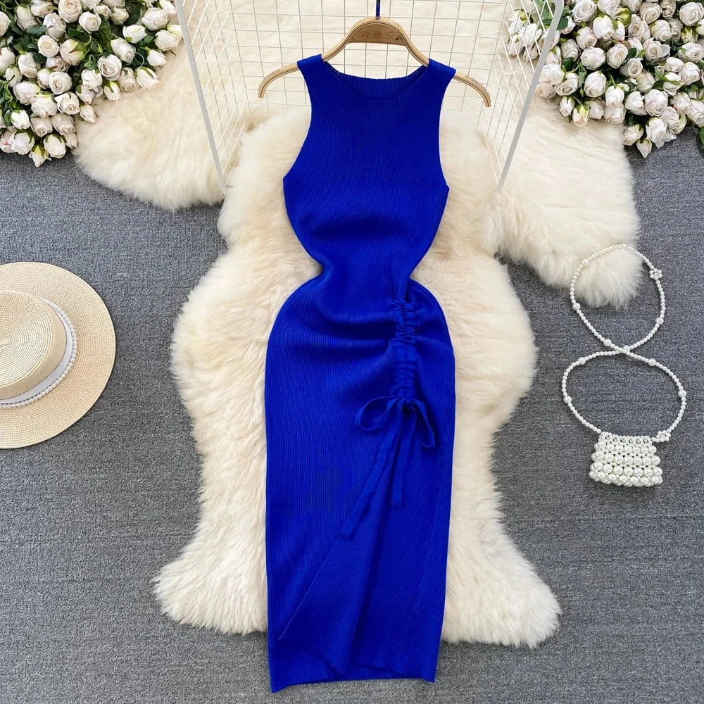 Free / Blue Hot Sale Sexy Vest Dress Summer Fashion Round Neck Backless Dress Lady Sleeveless Slit Knitted Sheath Dress