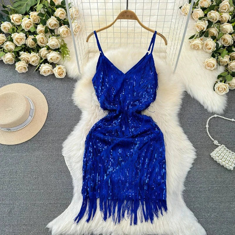 Free / Blue Latin Dance Dress Women Sequined Tassel V-neck Bodycon Mini Party Dresses Solid Color Luxury French Clubwear Straps Dress