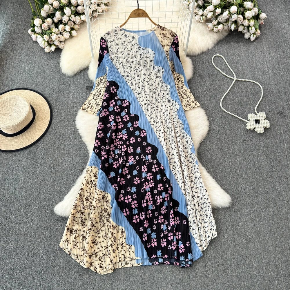Free / Blue New Retro Niche Design Printing Stitching Long Sleeve Plus Size Dress