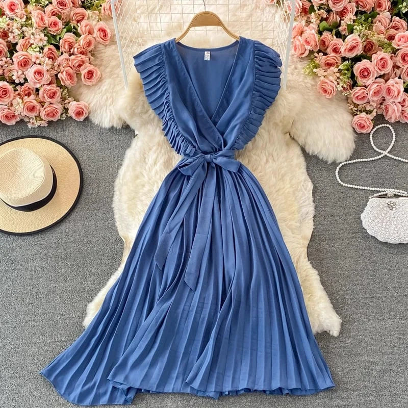 Free / Blue Summer Hepburn Style Women Dress Ruffles Sashes Chiffon Fashion Elegant Pleated V-neck Dresses for Ladies Casual Vintage Vestido