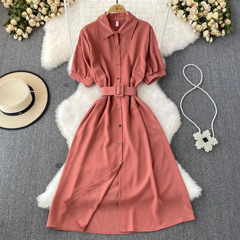 Free / Brick-red Summer Office Ladies Elegant Midi Dress Single-breasted Short Sleeve Shirt Dresses for Women With Belt New Fashion A-line Robes