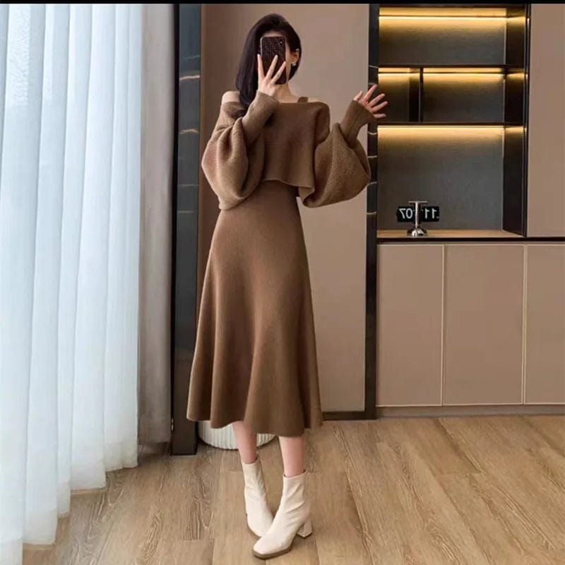 Free / Brown 2024 Spring new arrival fashion lady V neck sleeveless long dress and U neck long sleeve oversize sweater twin set
