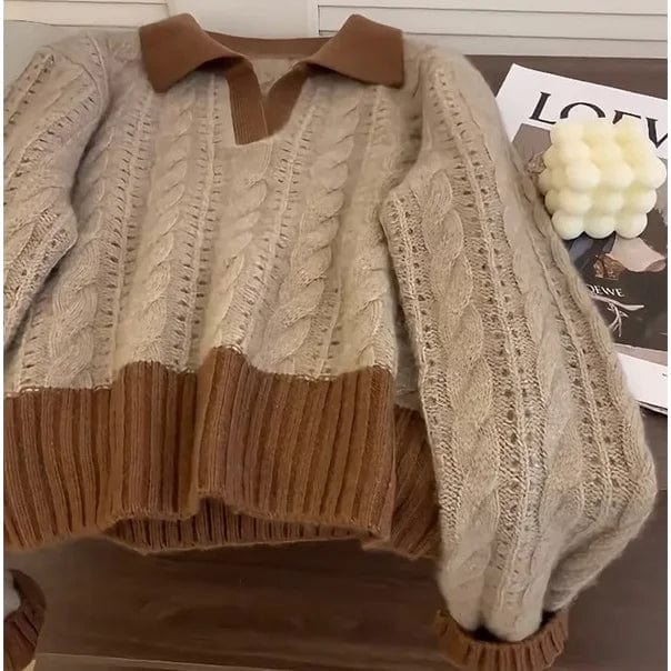 Free / Brown 2024 Spring new arrival girls v-neck long sleeve loose fitting soft lapel pullover sweater jumper