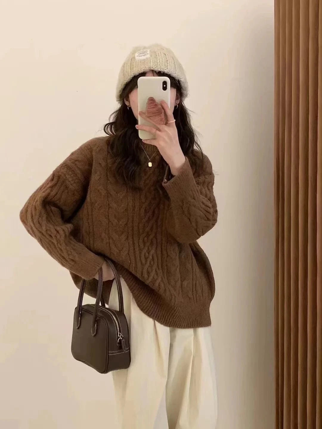 Free / Brown 2024 Spring women high quality crew neck solid color long sleeve oversize cable knit pullover sweater jumper