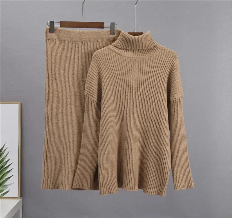 Free / Brown Autumn and winter fashion new lazy knitting suit ladies pit striped half-body skirt turtleneck sweater loose warm two-piece set