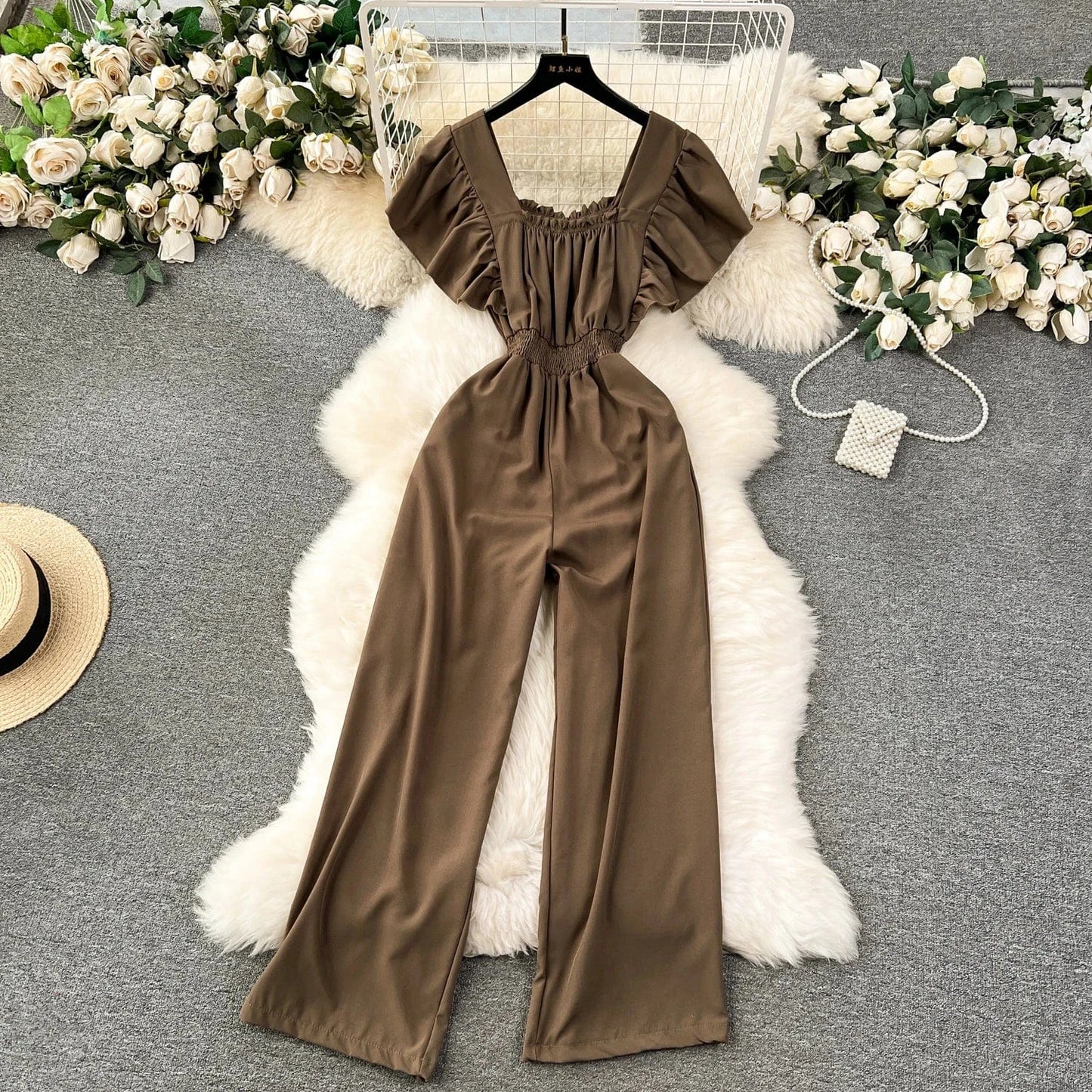 Free / Brown Fashionable elegant flying sleeve square neck jumpsuit for women high waist slim casual wide leg pants new spring/summer 2024