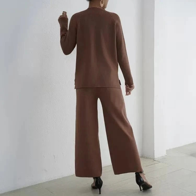 Free / Brown Lazy Style Pullover With Split Long Sleeves Knitted Autumn and Winter Sweater Two-piece Set High Waisted Casual Wide Leg Pants