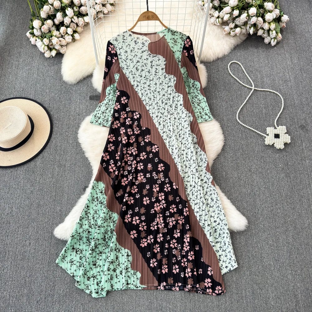Free / Brown New Retro Niche Design Printing Stitching Long Sleeve Plus Size Dress