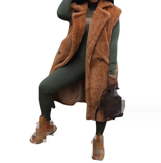 Free / Brown New Winter Ladies Thicken Plush Coat Solid Lapel Sleeveless Cardigan Fashion Long Cardigan Coat For Women