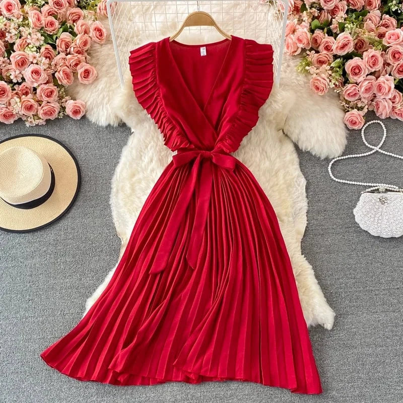 Free / Burgundy Summer Hepburn Style Women Dress Ruffles Sashes Chiffon Fashion Elegant Pleated V-neck Dresses for Ladies Casual Vintage Vestido