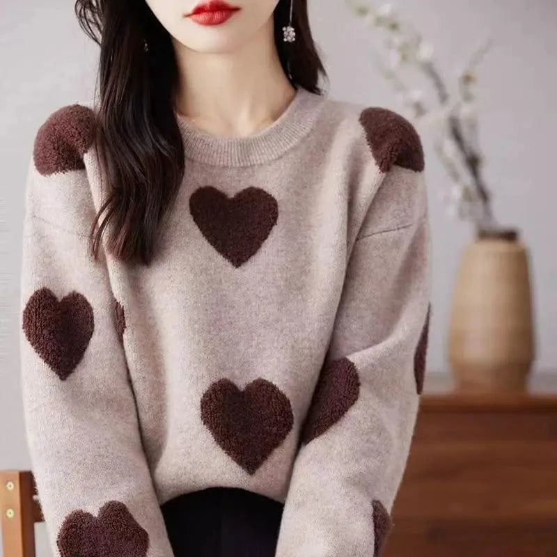 Free / camel 2024 spring new arrival fashion lady round neck long sleeve plus size heart shape print women pullover sweater