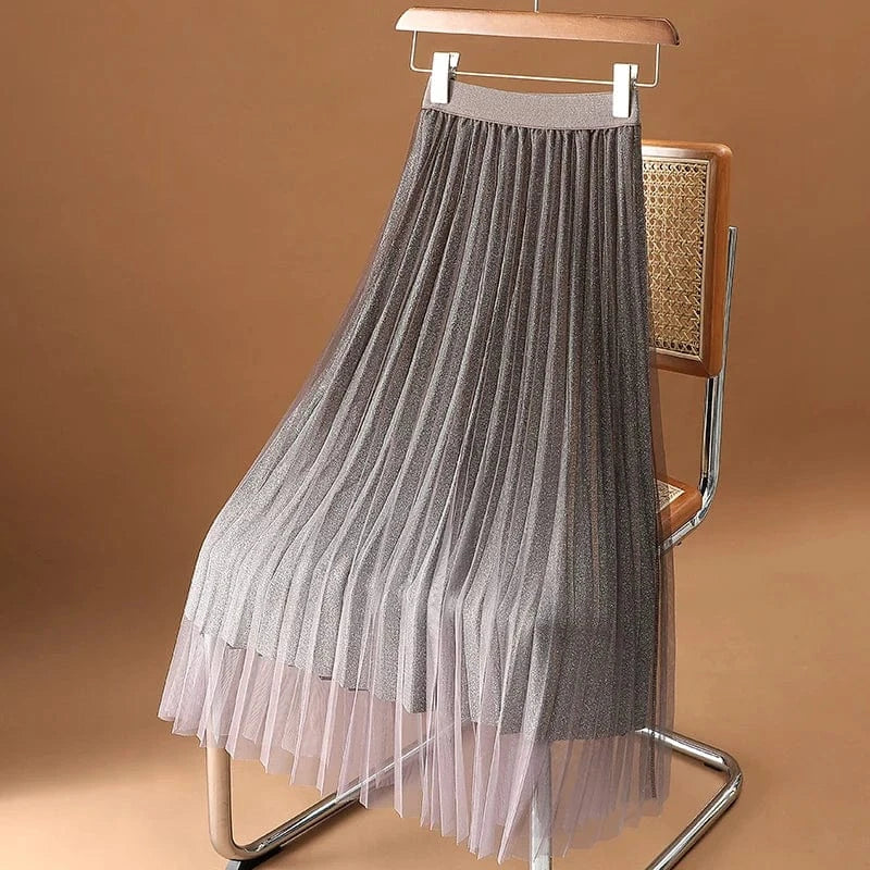 Free / Coffee Gradient Elegant Pleated Skirt Women Mesh Shining Long Big Hem High Waist Ladies Midi Skirts New Fashion Elegant Jupes Faldas