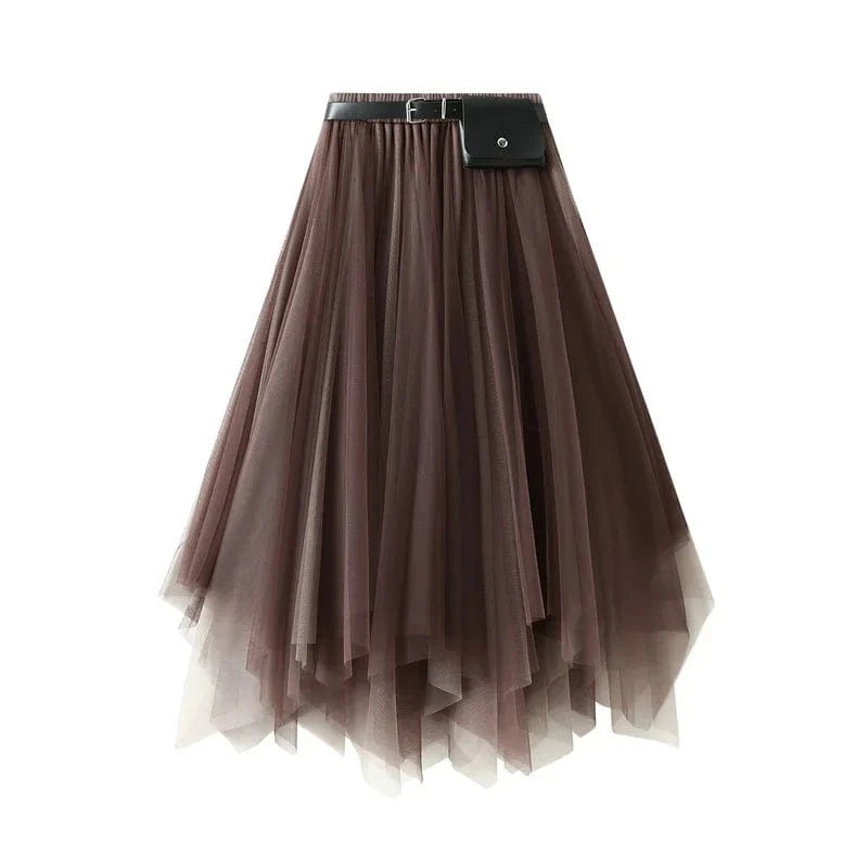 Free / Coffee Irregular Tutu Skirts Women With Belt Princess Fairy Large Hem Dance Pleated Mesh Tulle Mid-Calf Skirt Vintage Korean Faldas