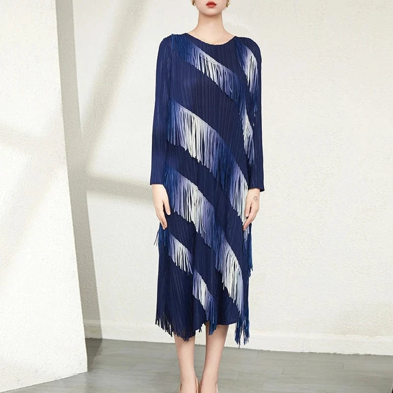 Free / Dark blue High Quality 2024 New Miyake Clothing Woman Casual Style Long Sleeves Color Tassel Pleated Dresses