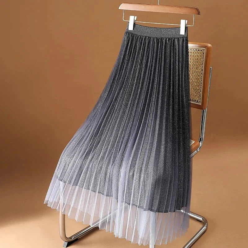 Free / Dark Gray Gradient Elegant Pleated Skirt Women Mesh Shining Long Big Hem High Waist Ladies Midi Skirts New Fashion Elegant Jupes Faldas