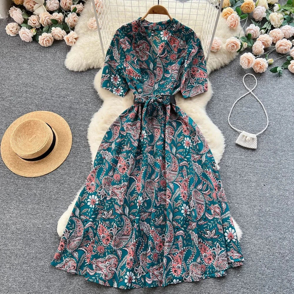 Free / deep green ANSZKTN Summer  Shirt Dress Women Printed Waist Wrapped Over Knee Large Swing Celebrity Fragmented Flower Long Dress