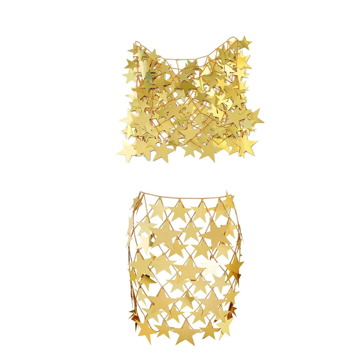 Free / Golden Hot Selling Star Sequined Clubbing Hollow Out Skirt Halter Crop Top Summer Sexy Two Piece Skirt Set
