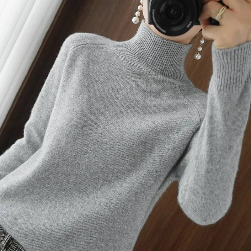 Free / Gray 2024 new arrival fashion lady mock collar long sleeve slim fit free size plain cashmere sweater