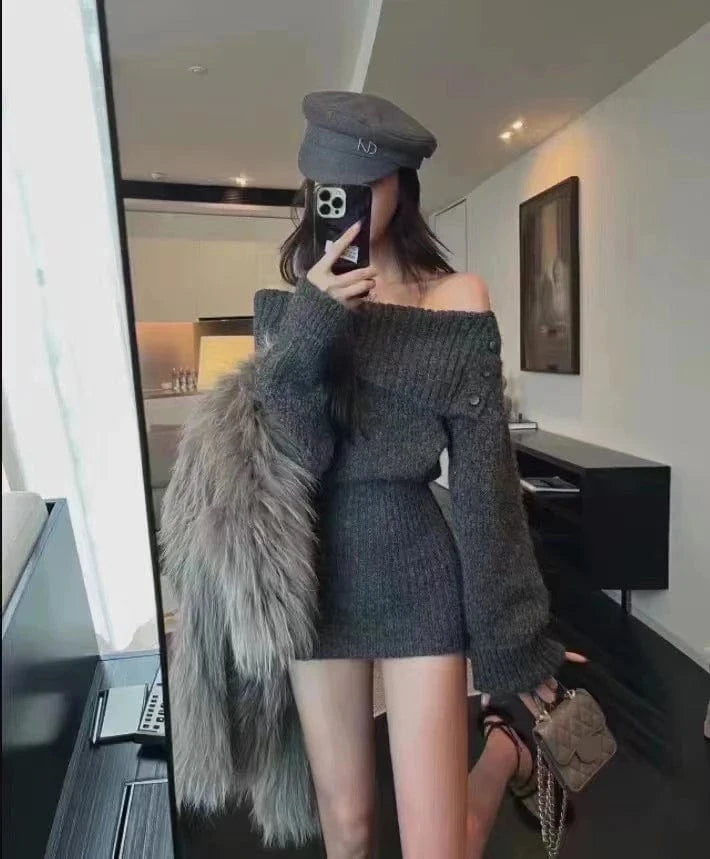 Free / Gray 2024 Spring women new arrival long sleeve loose off-shoulder slash neck turtleneck sexy sweater dress