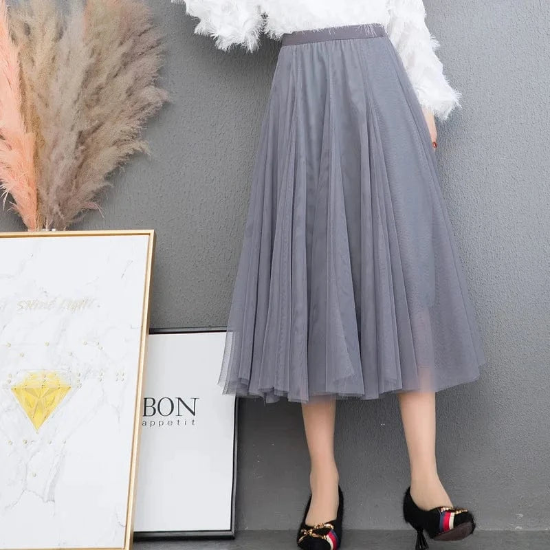 Free / Gray 76CM 2024 Korean Style Midi Long Tulle Skirts Womens Summer Elastic High Waisted Maxi Skirts Femme A Line Mesh  Fashion skirt 50%