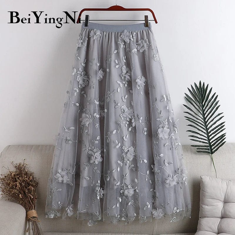 Free / Gray Floral Beautiful Long Midi Pleated Skirt Women Dance Cute Sweet Elastic Waist A-line Skirts for Womans