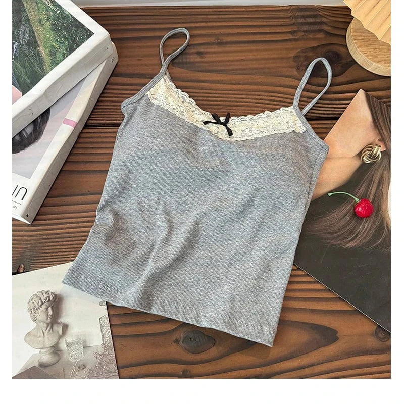 Free / Gray Lace Patchwork Sweet Straps Tank Top Women Bow Basic Underwear 2024 Spring Summer Outwear Camis Female Beauty Back Bras