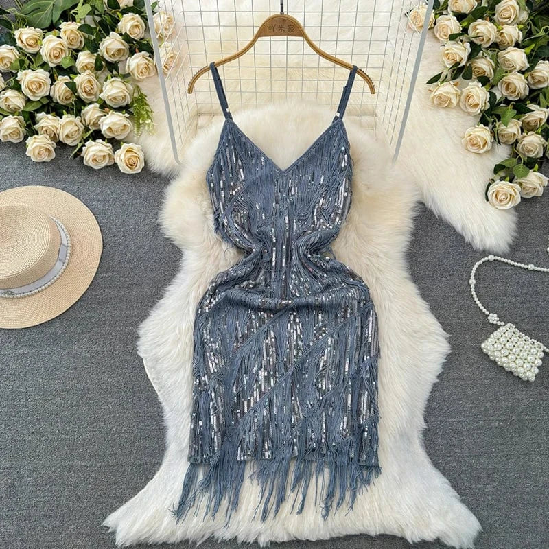 Free / Gray Latin Dance Dress Women Sequined Tassel V-neck Bodycon Mini Party Dresses Solid Color Luxury French Clubwear Straps Dress