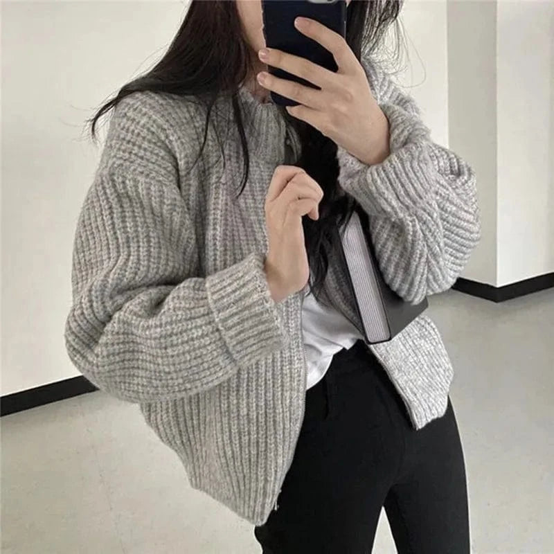 Free / Gray Liu Ming Korean Style Fashion Women Casual Warm Zipper Loose Jacket Coats Knitting Sweater