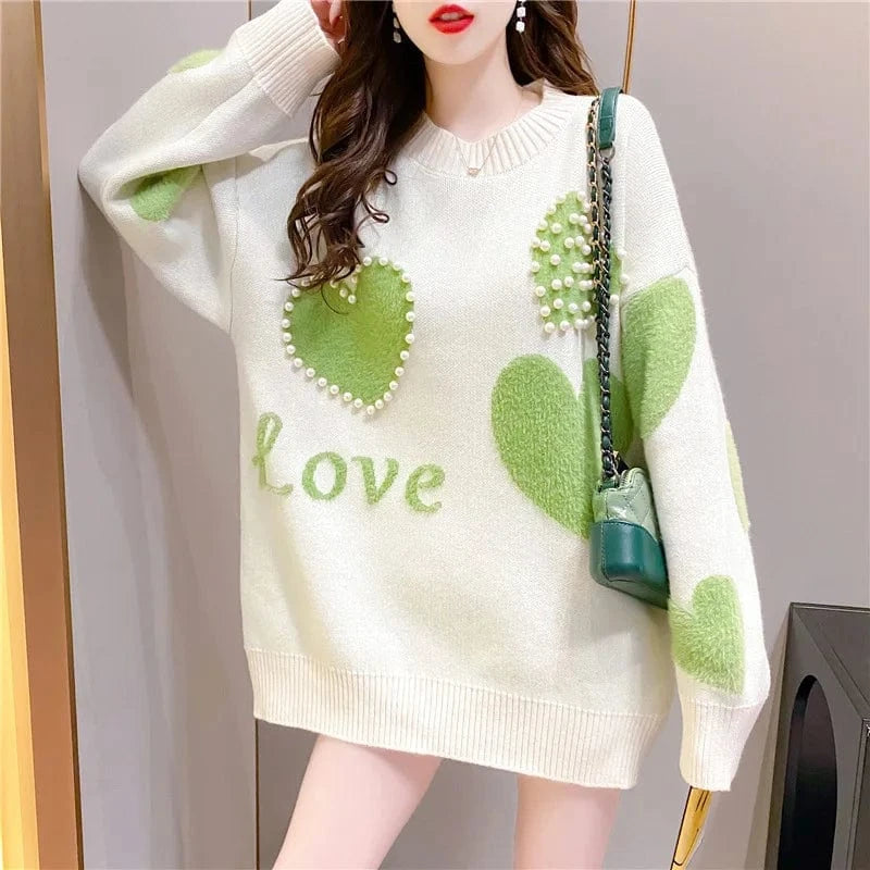 Free / Green 2024 Spring Autumn New Arrival fashion women  loose  young ladies lazy style Pearl sweater