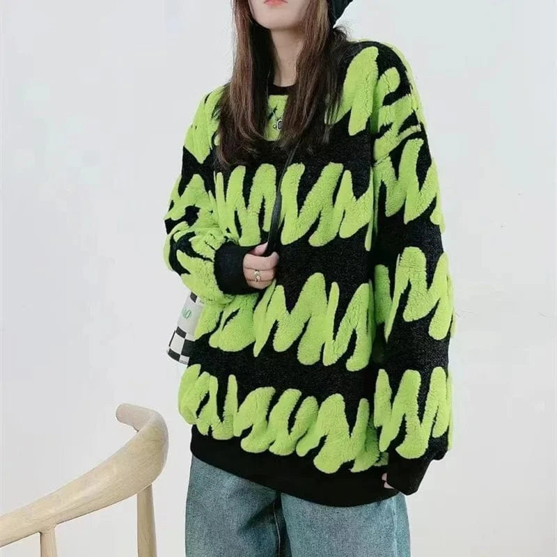 Free / Green 2024 Spring Long Sleeve O-neck Women Casual Sweater Top Fashion Color Collision Girl Streetwear Top