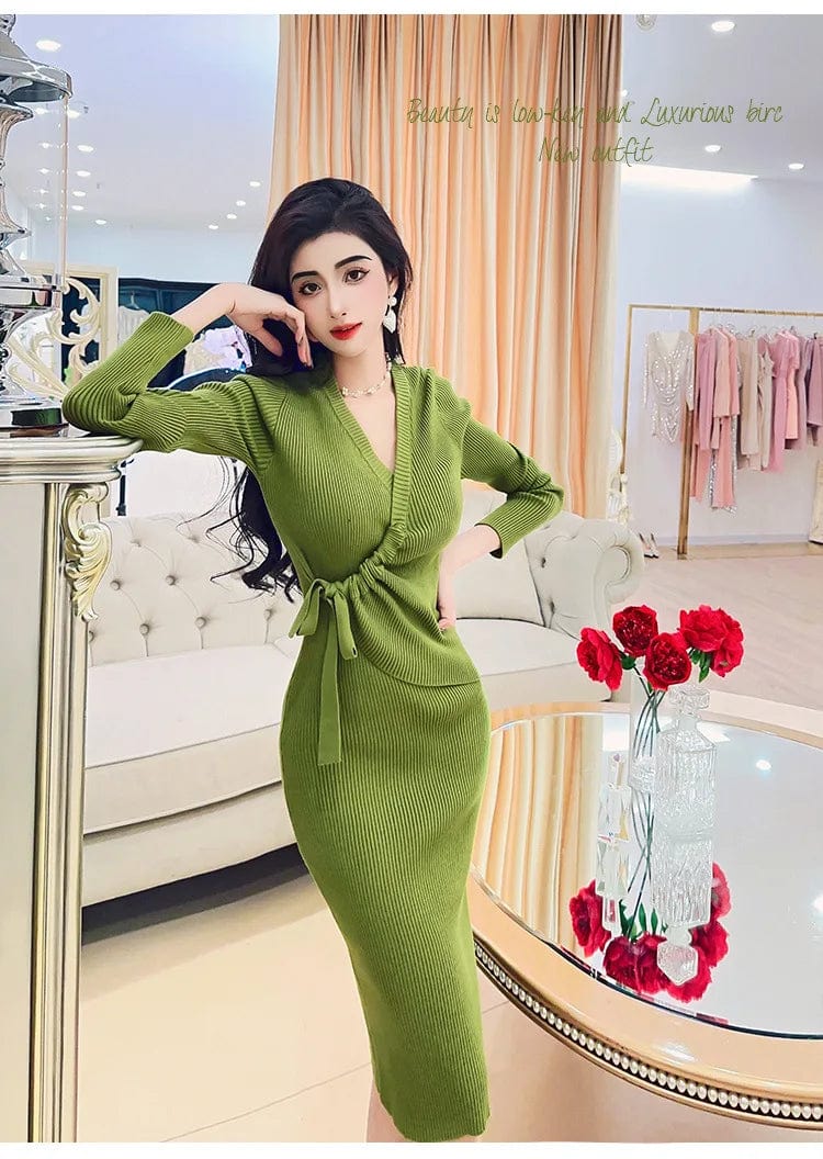 Free / Green 2024 Spring office ladies new arrival v-neck long sleeve high waist with belt elegant sweater dress