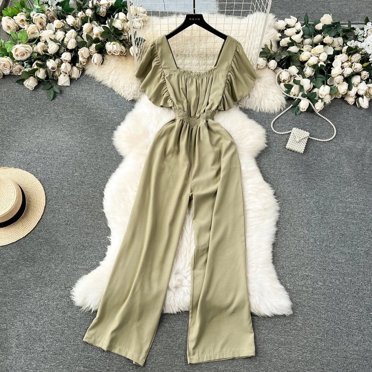 Free / Green Fashionable elegant flying sleeve square neck jumpsuit for women high waist slim casual wide leg pants new spring/summer 2024