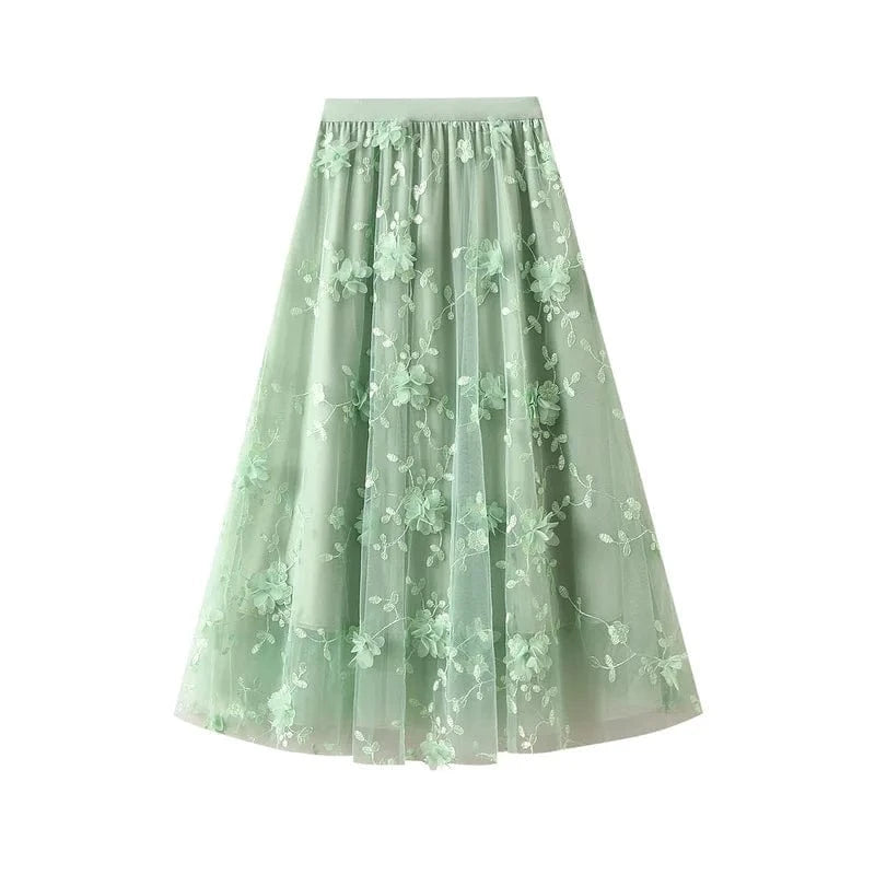 Free / Green Floral Beautiful Long Midi Pleated Skirt Women Dance Cute Sweet Elastic Waist A-line Skirts for Womans
