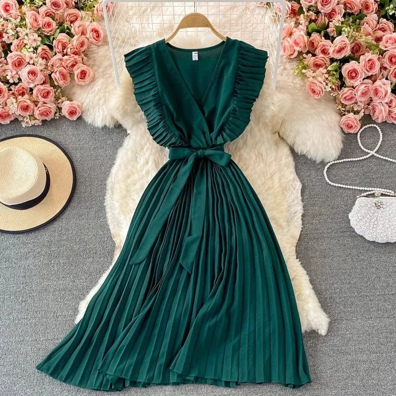 Free / Green Summer Hepburn Style Women Dress Ruffles Sashes Chiffon Fashion Elegant Pleated V-neck Dresses for Ladies Casual Vintage Vestido