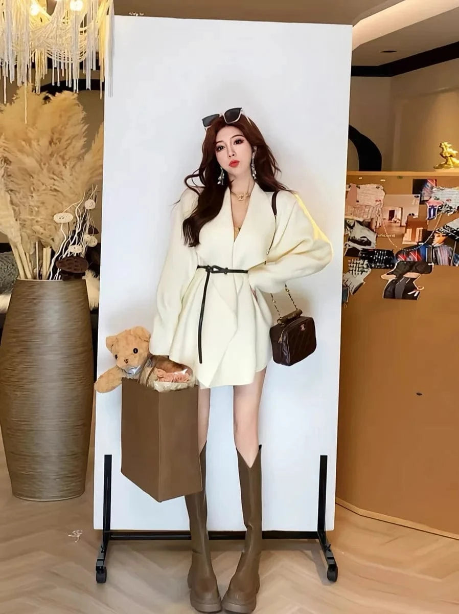 Free / Ivory 2024 Spring ladies long sleeve elegant cardigan classic large size high quality belt sweater coat