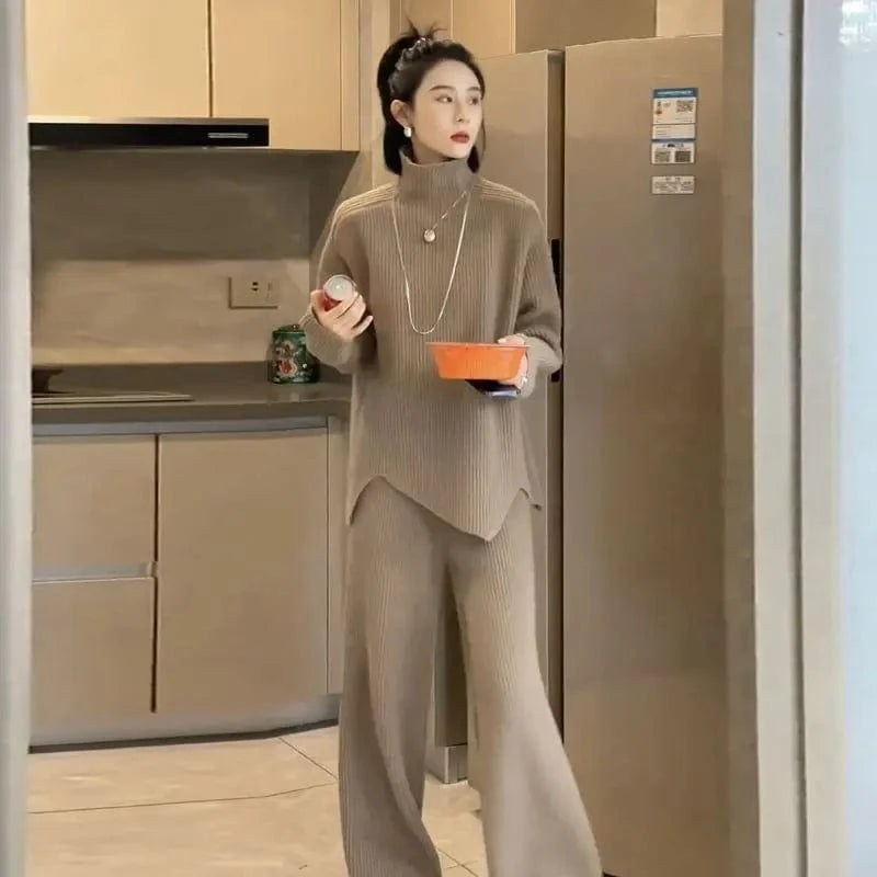 Free / Khaki 2024 autumn high-quality best-selling crewneck long sleeve loose solid color knit sweater two-piece pants set