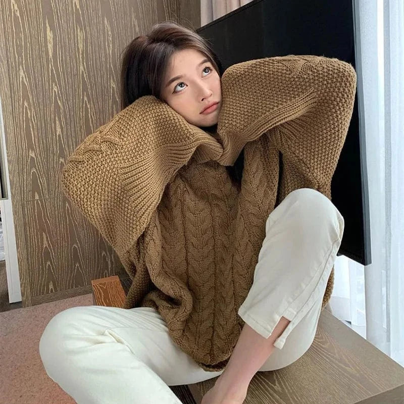 Free / Khaki 2024 Autumn new arrival fashion girls crew neck batwing sleeve plus size loose fit cable knit women sweaters