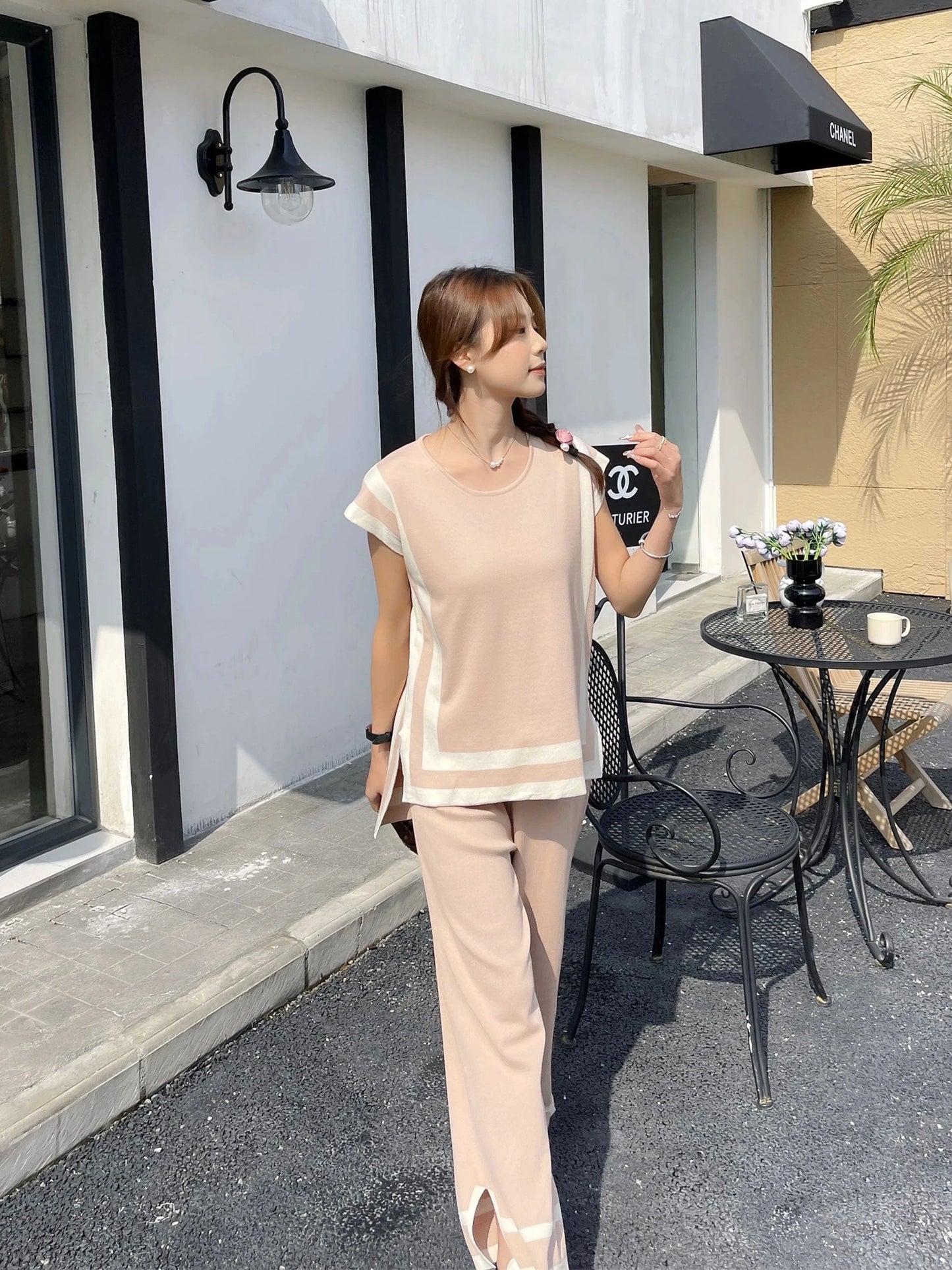 Free / Khaki 2024 New Fashion Simple Splicing Loose Shawl Sleeves Sweater Top High Waist Slimming Wide Leg Pants Two Piece Set