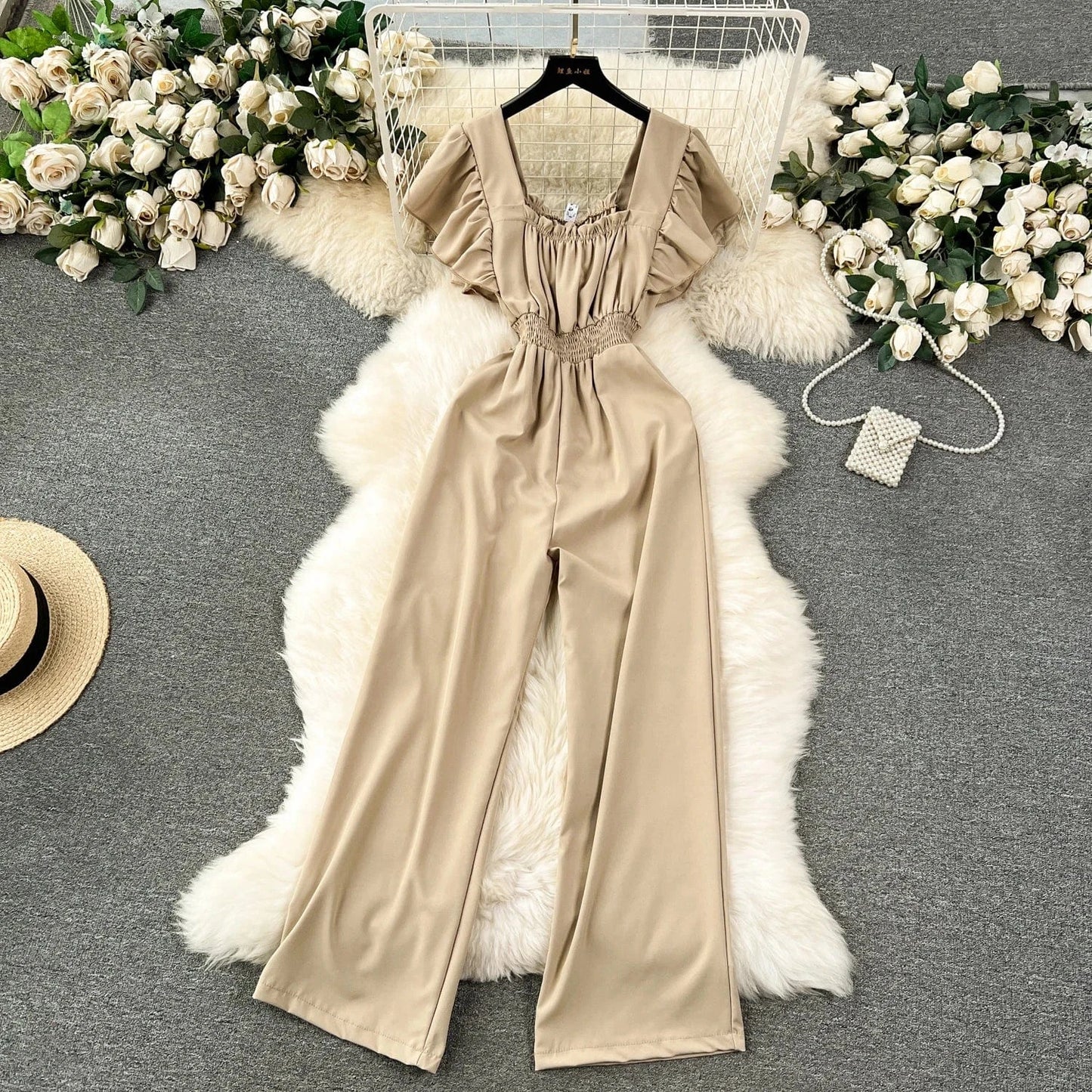 Free / Khaki Fashionable elegant flying sleeve square neck jumpsuit for women high waist slim casual wide leg pants new spring/summer 2024