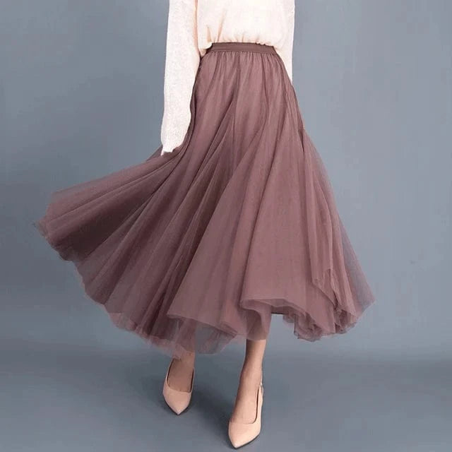 Free / Khaki Manufacturer Wholesale Dance Fashion Solid Saias Mujer Long Maxi Pleated Midi High Waist Elastic Tulle Tutu Skirts Womens