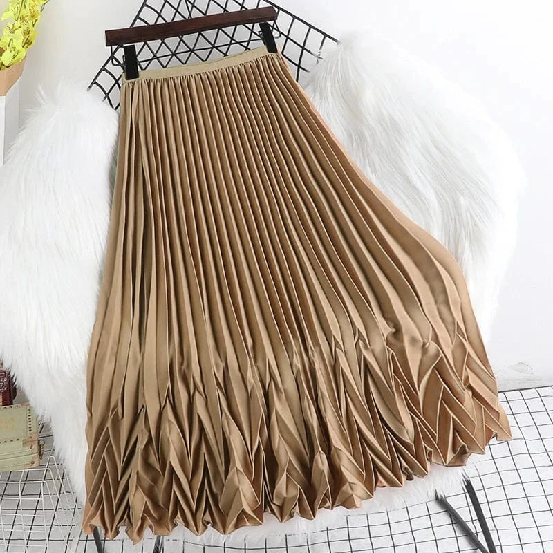 Free / Khaki New Fashion Spring Autumn Pleated Skirts for Women High Quality Elegant Casual Korean Chic Kawaii Long A-line Skirt Woman Cloth