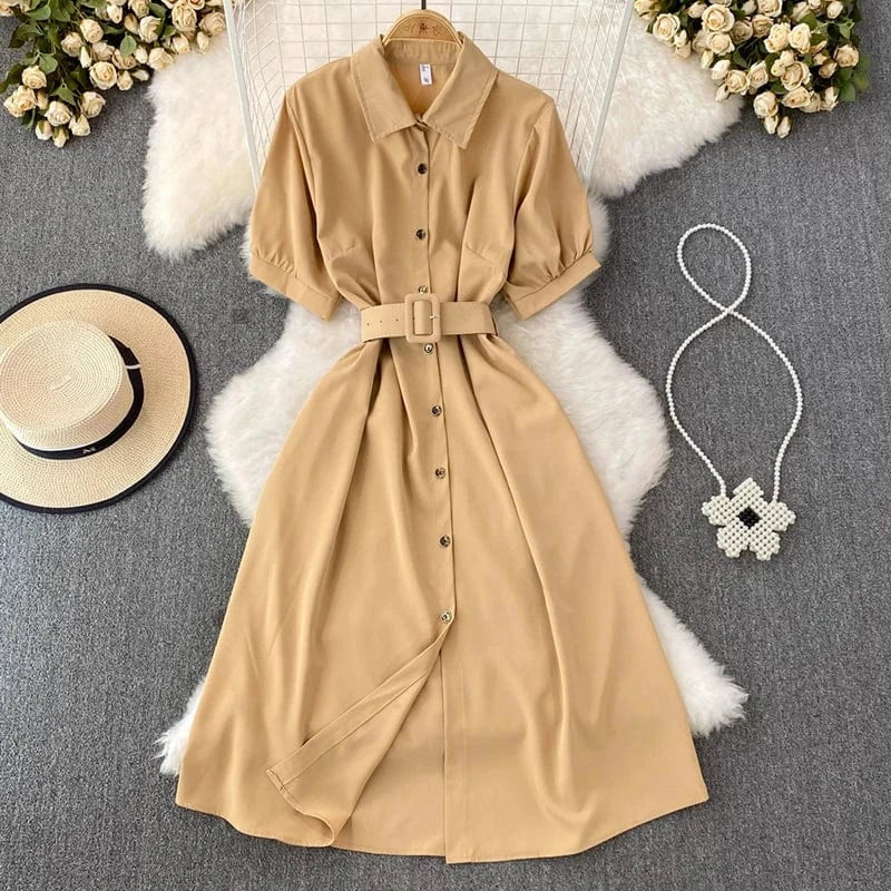 Free / Khaki Summer Office Ladies Elegant Midi Dress Single-breasted Short Sleeve Shirt Dresses for Women With Belt New Fashion A-line Robes