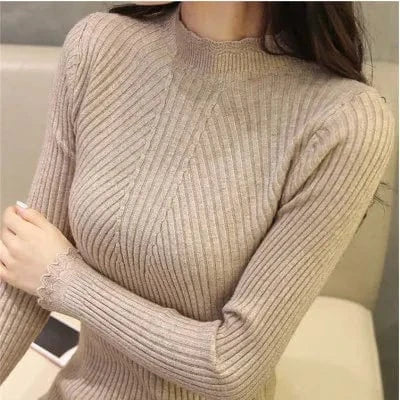 Free / Khaki Women Lace Half High Neck Sweater 2023 Autumn Winter New Korean Lady Slim-fit Sweater Long-sleeved Blouse
