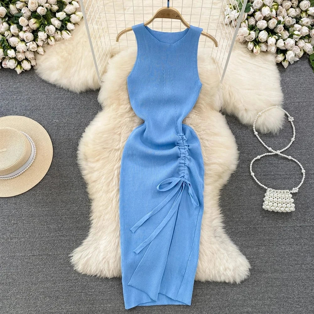 Free / Light Blue Hot Sale Sexy Vest Dress Summer Fashion Round Neck Backless Dress Lady Sleeveless Slit Knitted Sheath Dress